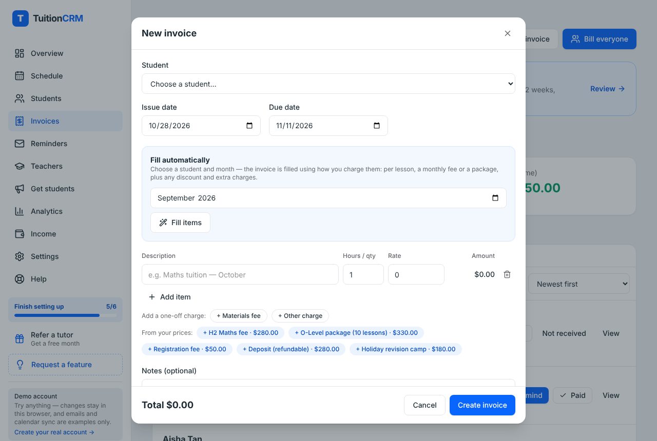 The New invoice window in TuitionCRM with Student, dates, Fill items and Create invoice