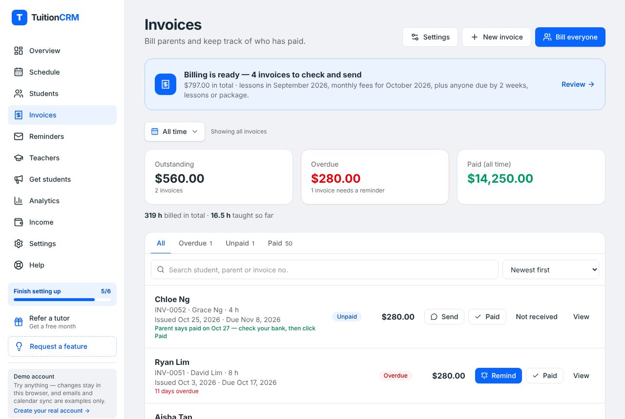 The TuitionCRM Invoices page with Outstanding, Overdue and Paid totals and a list of invoices with Send, Remind and Paid buttons