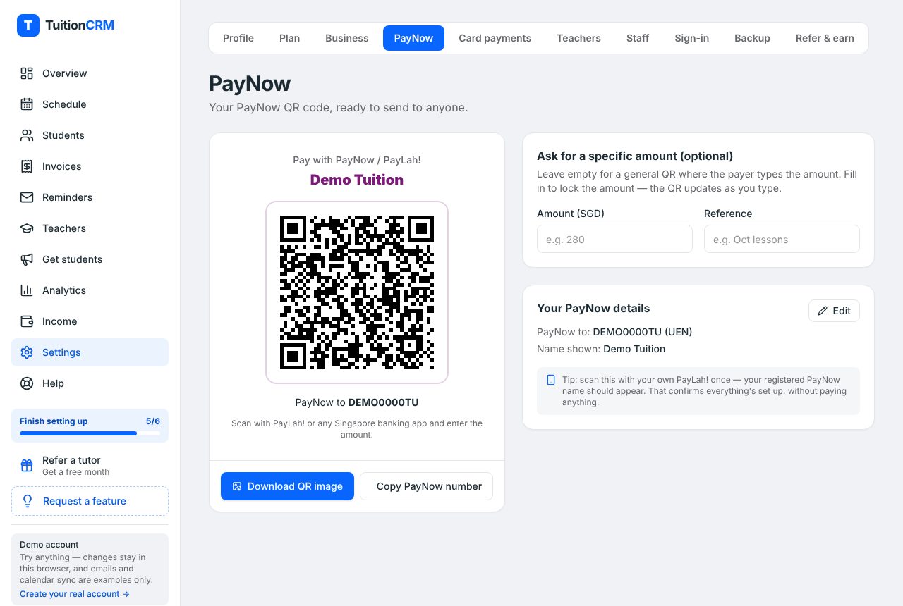 The TuitionCRM PayNow settings page with a QR code, an optional amount and reference, and Download QR image and Copy PayNow number buttons