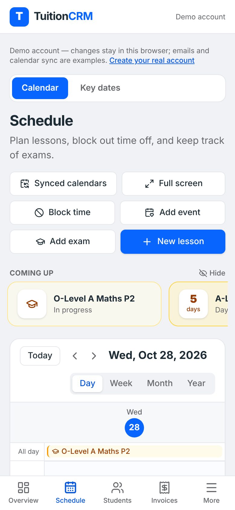 The TuitionCRM Schedule page on a phone with the Day view