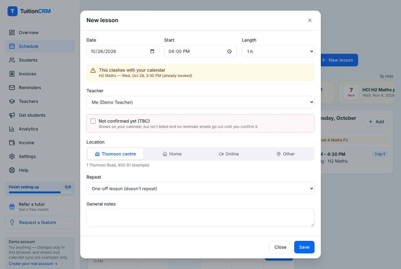 The New lesson window in TuitionCRM with Teacher, Location, Repeat and a clash warning