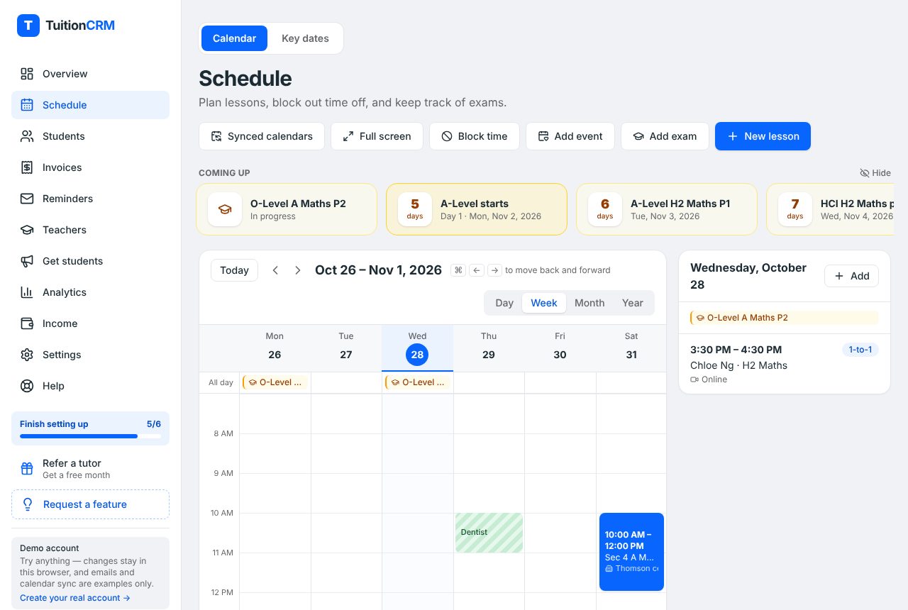 The TuitionCRM Schedule page showing a week of tuition lessons, a Coming up strip of exam dates and the New lesson button