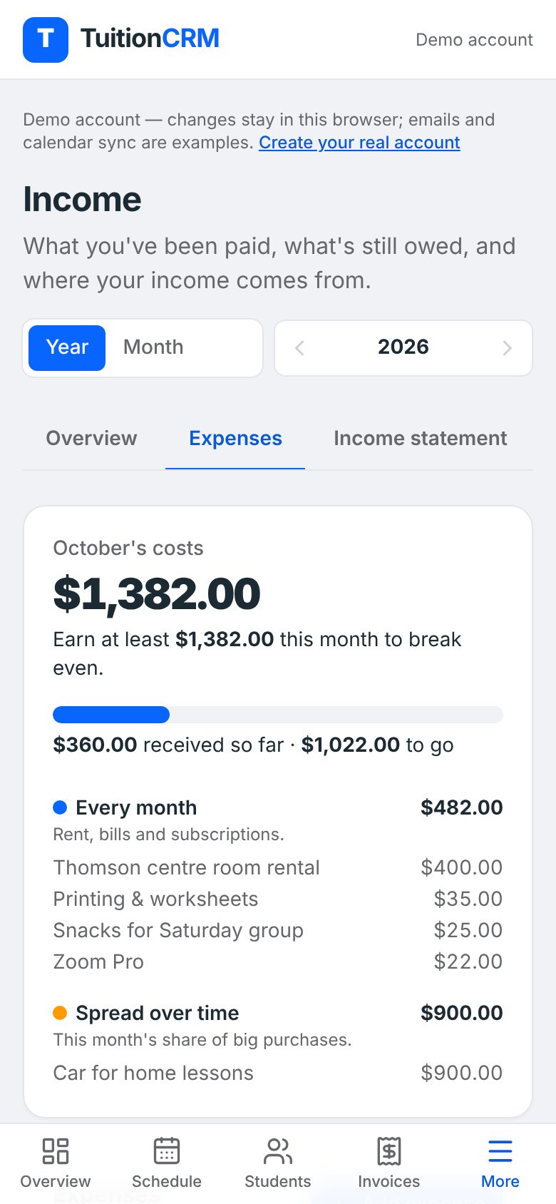 TuitionCRM Expenses tab on a phone showing October's costs, the amount still to earn to break even, and monthly costs like room rental, printing and Zoom