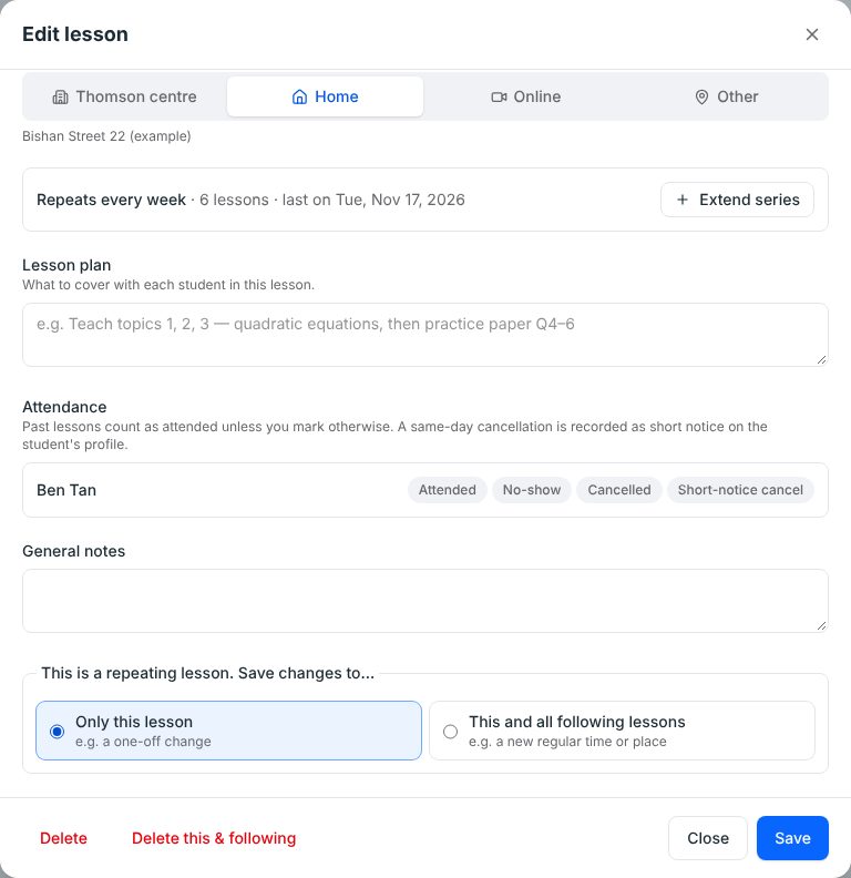 Edit lesson window in TuitionCRM with Attendance buttons: Attended, No-show, Cancelled and Short-notice cancel