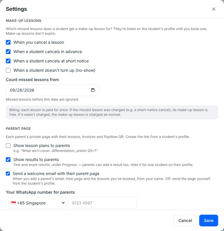 TuitionCRM make-up lesson settings with checkboxes for when a make-up is owed and a Count missed lessons from date