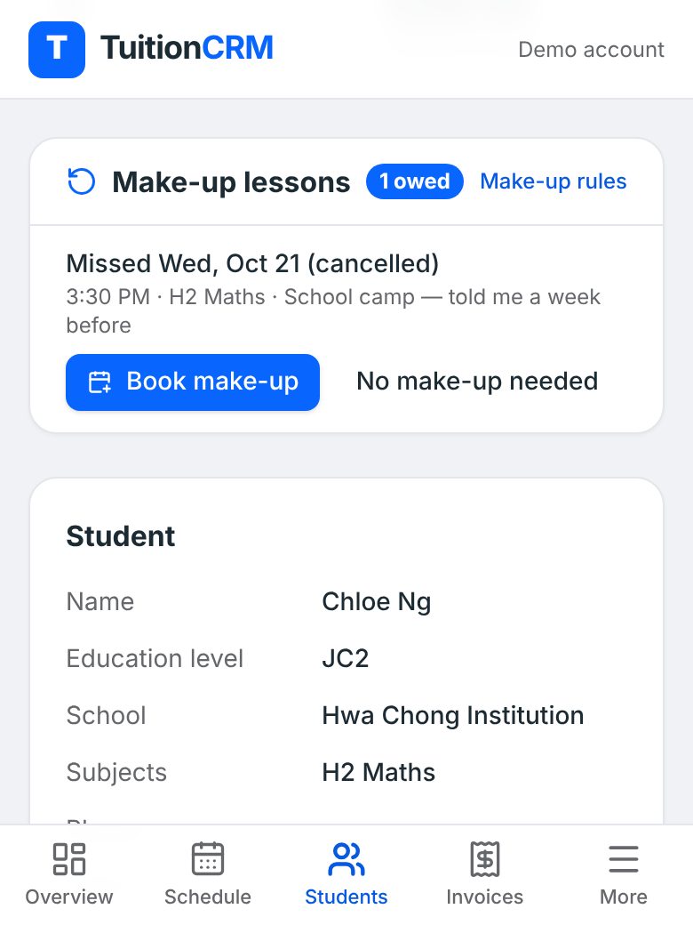 A student's profile on a phone showing 1 make-up owed, the missed lesson date and reason, and Book make-up and No make-up needed buttons