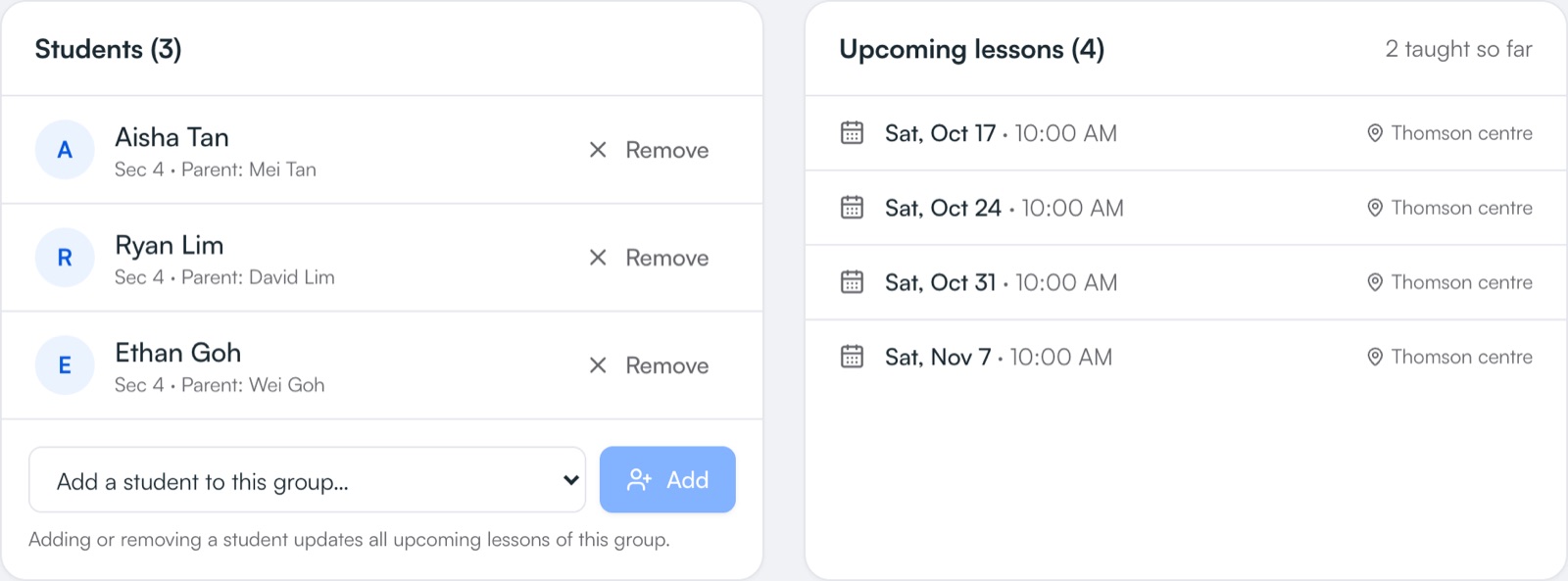 Change a class time once — the whole term updates